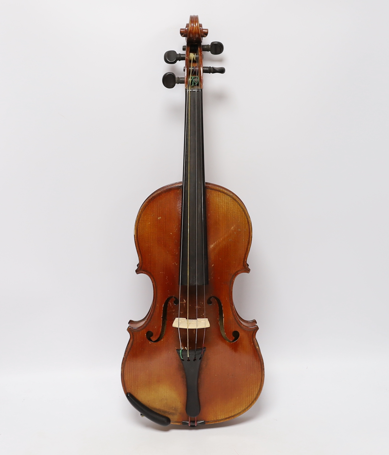 A cased 3/4 sized student violin marked Dresden, with reproduction Stradivarius label